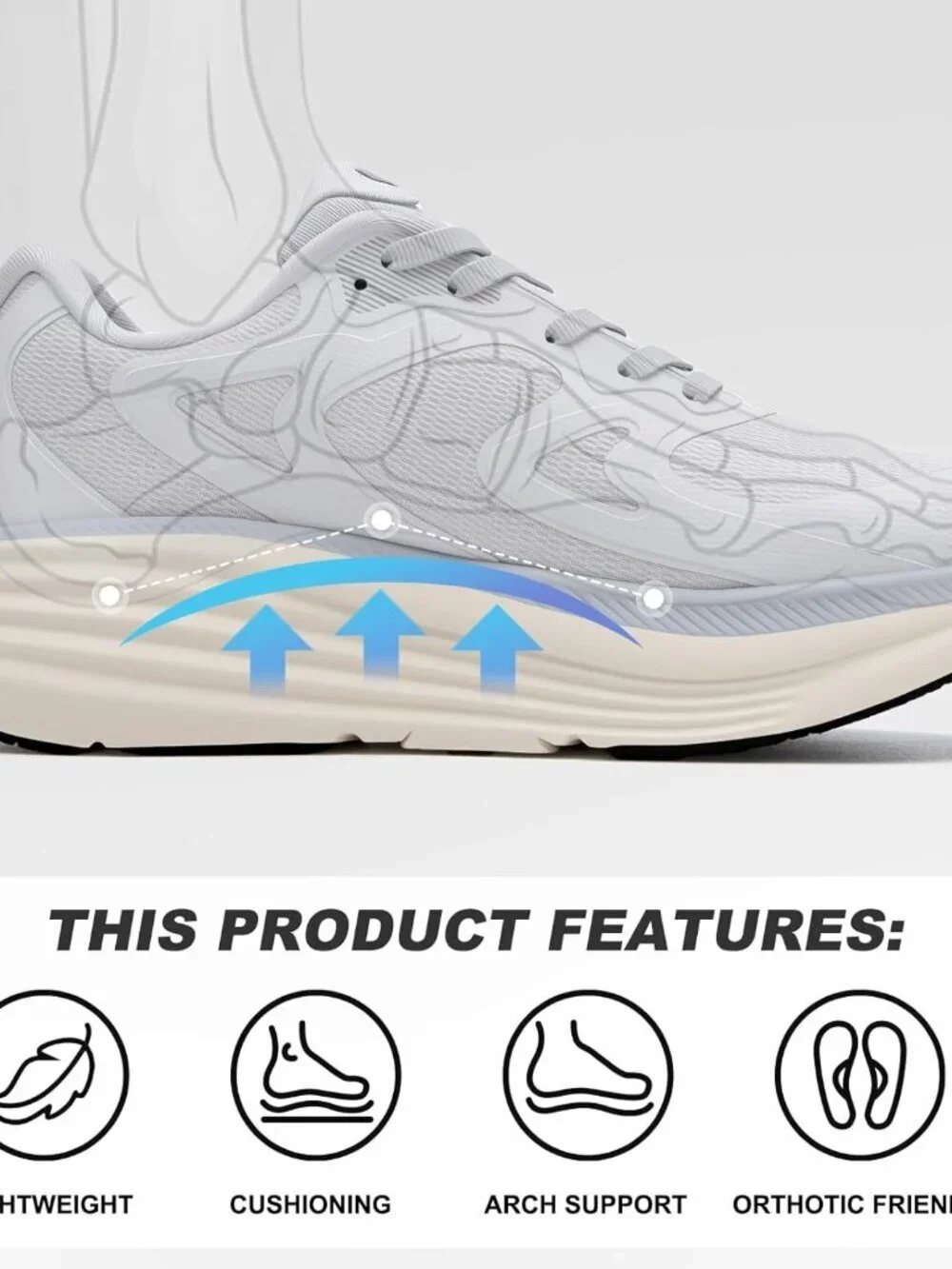 Women's Light Gray Fort Walking Shoes Tennis, Max Cushioning Running Sneakers